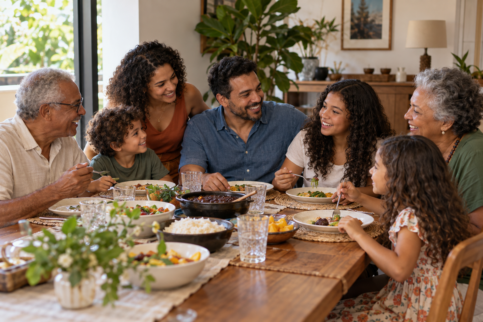Uma família de várias gerações convivendo em uma refeição em casa