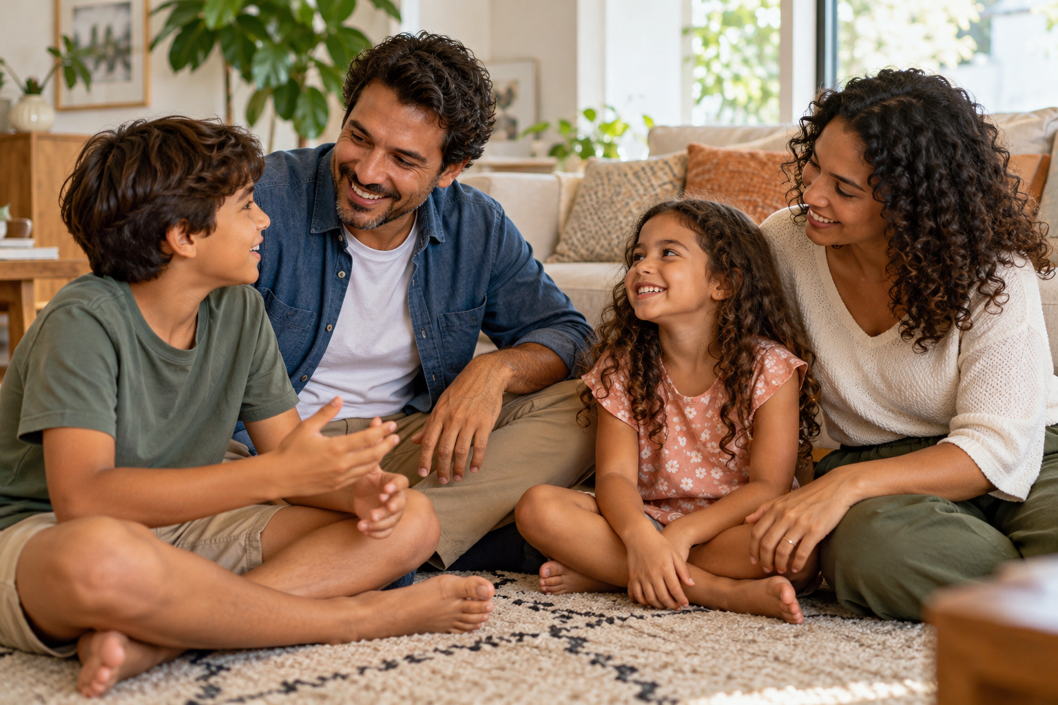 Pai, mãe e duas crianças conversando juntos em casa