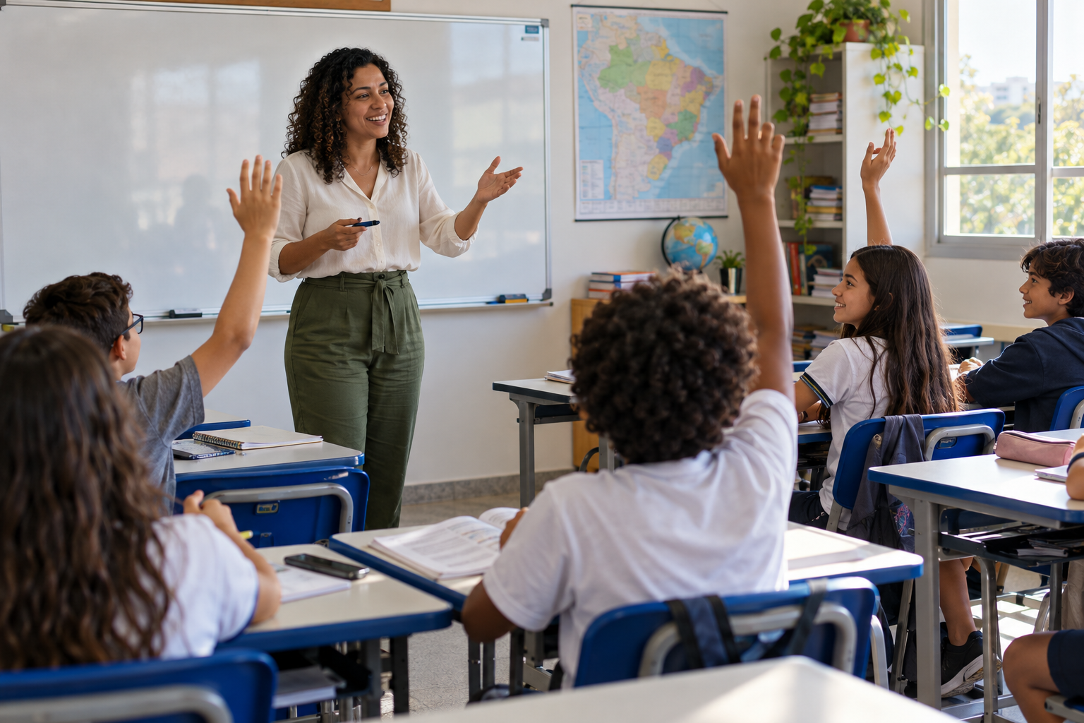 Professora conduzindo uma aula com alunos participando