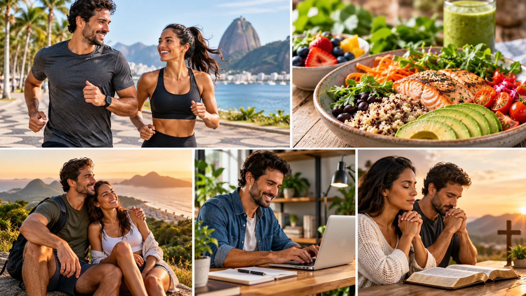 Cinco cenas de vida equilibrada: casal se exercitando, alimentação saudável, lazer, trabalho e espiritualidade