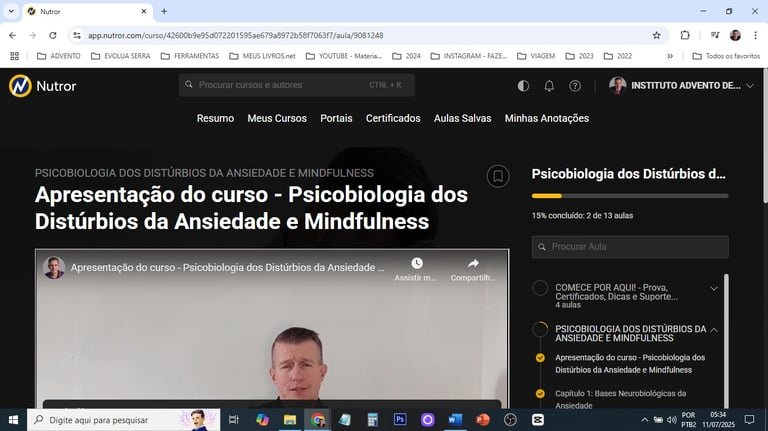 Conteúdo do curso Psicobiologia dos Distúrbios da Ansiedade
